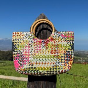 Mother Earth Woven Recycled Multicolored Rattan Handel Tote Bag Vacation Beach